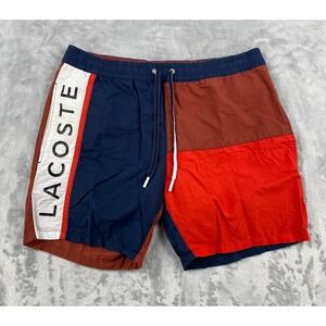 Lacoste Swim Trunks Mens Medium Red Blue Lined Drawstring Pockets Shorts